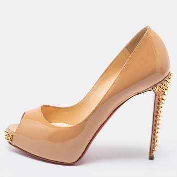 Pre Owned Christian Louboutin Beige Patent Leather New Very Prive Studded Peep-Toe Pumps Size 35