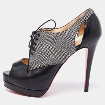 Pre Owned Christian Louboutin Black Leather And Tartan Fabric Platform Oxford Booties Size 38.5