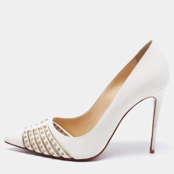 Pre Owned Christian Louboutin White Leather Bareta Spike Accents Pointed Toe Pumps Size 38.5