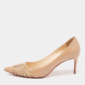 Pre Owned Christian Louboutin Beige Patent Leather Bareta 70 Spike Accents Pointed Toe Pumps Size 39