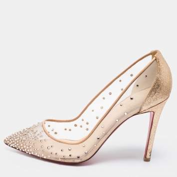 Pre Owned Christian Louboutin Metallic Gold Mesh And Glitter Follies Strass Pointed Toe Pumps Size 38.5