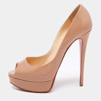 Pre Owned Christian Louboutin Beige Patent Leather Lady Peep Toe Platform Pumps Size 39.5 