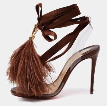 Pre Owned Christian Louboutin Brown/Transparent PVC and Satin Marie Edwina Ankle Wrap Sandals Size 37