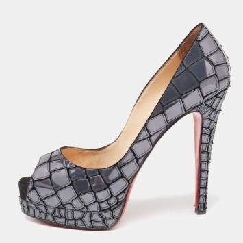 Pre Owned Christian Louboutin Slate Grey/Black Patent Leather and Satin Mosaic Sobek Peep-Toe Platform Pumps Size 39