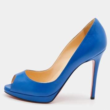 Pre Owned Christian Louboutin Blue Leather Peep Toe Pumps Size 37.5