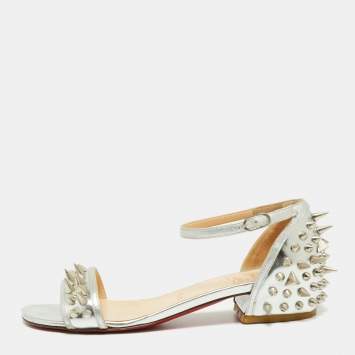 Pre Owned Christian Louboutin Silver Leather Studded Druide Ankle-Strap Sandals Size 35.5