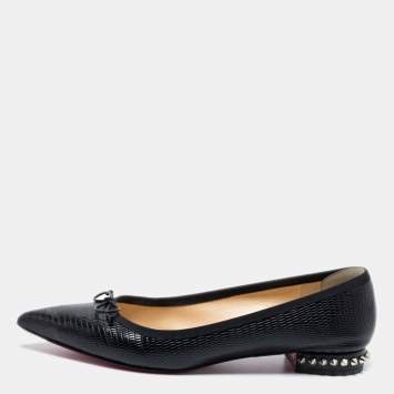 Pre Owned Christian Louboutin Black Leather Zarli Hall Spike Pointed Toe Ballet Flats Size 39.5