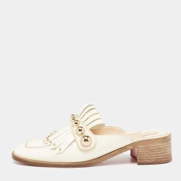 Pre Owned Christian Louboutin Cream Patent Leather Octavian Studded Fringed Mules Size 39