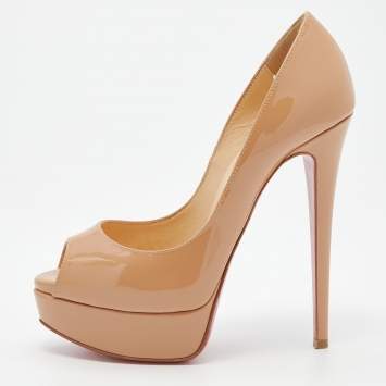 Pre Owned Christian Louboutin Beige Patent Leather Lady Peep Toe Platform Pumps Size 35