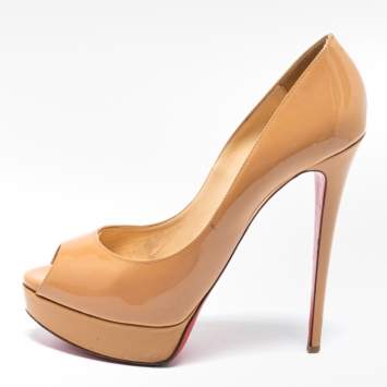 Pre Owned Christian Louboutin Beige Patent Leather Lady Peep Pumps Size 40.5
