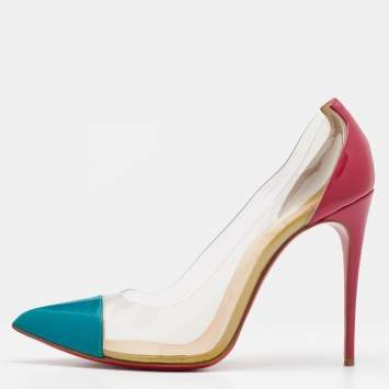 Pre Owned Christian Louboutin Pink/Teal Green Patent Leather And PVC Debout Pointed Toe Pumps Size 40