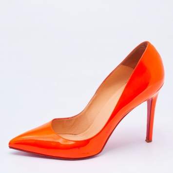 Pre Owned Christian Louboutin Neon Orange Patent Leather Pigalle Pointed Toe Pumps Size 40.5