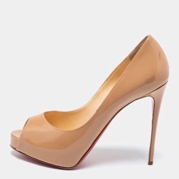 Pre Owned Christian Louboutin Beige Patent Leather Very Prive Peep Toe Pumps Size 37.5