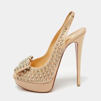 Pre Owned Christian Louboutin Beige Spike Leather Clou Noeud Platform Slingback Sandals Size 41