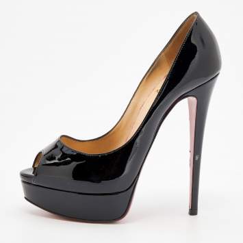 Pre Owned Christian Louboutin Black Patent Leather Lady Peep Toe Platform Pumps Size 38.5