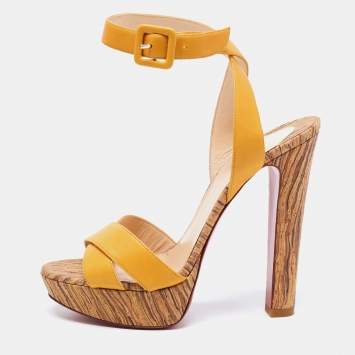 Pre Owned Christian Louboutin Yellow Leather Glory Trinidad Cork Platform Sandals Size 39.5