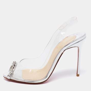 Pre Owned Christian Louboutin Silver Leather And PVC Ring My Toe Slingback Sandals Size 37.5