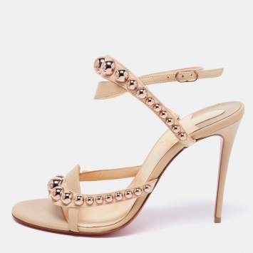 Pre Owned Christian Louboutin Beige Leather Studded Galeria Slingback Sandals Size 39.5