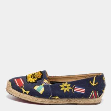 Pre Owned Christian Louboutin Navy Blue Canvas Gala Embroidered Crest Espadrille Loafers Size 38