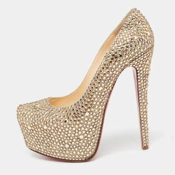 Pre Owned Christian Louboutin Metallic Gold Crystal Embellished Leather Daffodile Platform Pumps Size 38.5