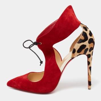 Pre Owned Christian Louboutin Red/Brown Calf Hair And Suede Ferme Rouge Cutout Pointed Toe Pumps Size 39