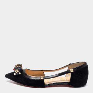 Pre Owned Christian Louboutin Black Suede Tudor Young Embellished Cut Out Pointed Toe Flats Size 36