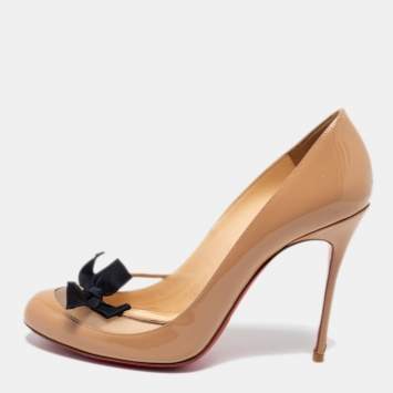 Pre Owned Christian Louboutin Beige/Black Mesh and Patent Leather Bow Pumps Size 38