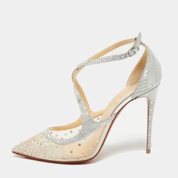 Pre Owned Christian Louboutin Silver Lurex Fabric and Mesh Twistissima Strass Sandals Size 38
