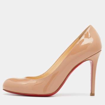Pre Owned Christian Louboutin Beige Patent Leather Simple Round Toe Pumps Size 37