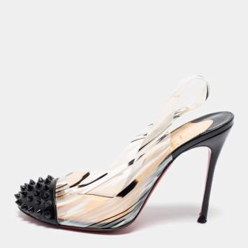 Pre Owned Christian Louboutin Black/White Patent Leather And PVC Epoca Sandals Size 37
