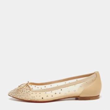 Pre Owned Christian Louboutin Beige Mesh And Leather Strass Patio Ballet Flats Size 36