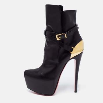 Pre Owned Christian Louboutin Black Leather Equestria Platform Ankle Boots Size 38.5
