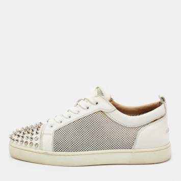 Pre Owned Christian Louboutin White/Grey Leather And Mesh Louis Junior Spike Sneakers Size 39.5