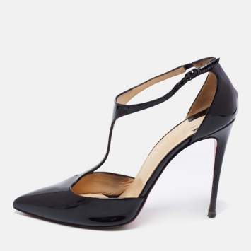 Pre Owned Christian Louboutin Black Patent Leather J String T-Strap Pumps Size 39.5