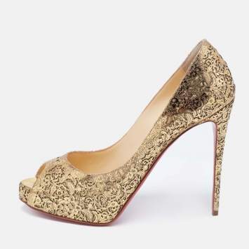 Pre Owned Christian Louboutin Gold Laser Cut Leather and Glitter New Very Prive Pumps Size 39