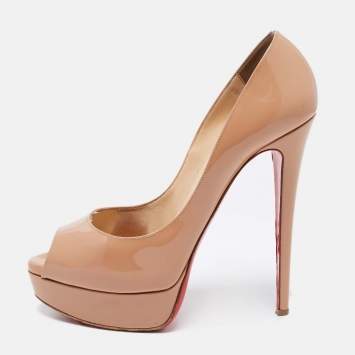 Pre Owned Christian Louboutin Beige Patent Leather Lady Peep-Toe Platform Pumps Size 39