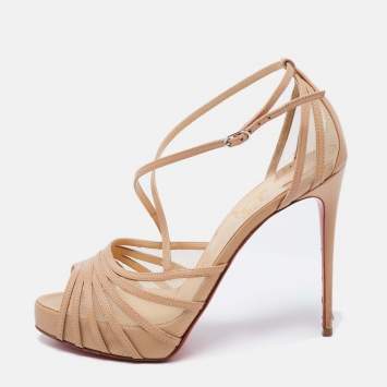 Pre Owned Christian Louboutin Beige Leather and Mesh Filamenta Platform Sandals Size 37