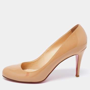 Pre Owned Christian Louboutin Beige Patent Leather Simple Round Toe Pumps Size 39.5
