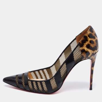 Pre Owned Christian Louboutin Black/Brown Mesh, Leather and Leopard Print Patent Bandy Pumps Size 40