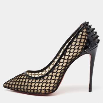 Pre Owned Christian Louboutin Black Net and Patent Leather Spikes Embellished Guni Pumps Size 41
