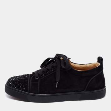 Pre Owned Christian Louboutin Black Suede Louis Junior Degra Crystal Low Top Sneakers Size 38.5
