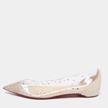 Pre Owned Christian Louboutin Cream PVC and Leather Degrastrass Pointed-Toe Ballet Flats Size 38.5