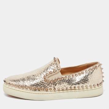 Pre Owned Christian Louboutin Gold Python Embossed Leather Pik Boat  Slip On Sneakers Size 39