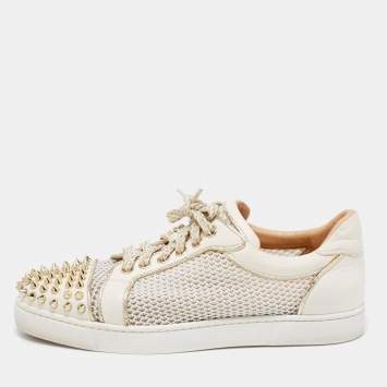 Pre Owned Christian Louboutin White Leather And Mesh Louis Junior Spikes Low-Top Sneakers Size 39