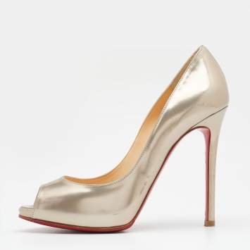 Pre Owned Christian Louboutin Metallic Gold Foil Leather New Prive Peep Toe Pumps Size 37.5