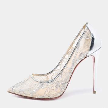 Pre Owned Christian Louboutin Silver Leather and Lurex Follies Lace Pumps Size 37