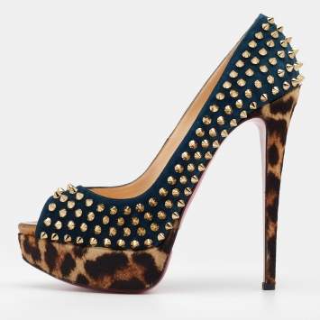 Pre Owned Christian Louboutin Blue Suede Lady Peep Spikes Platform Pumps Size 39