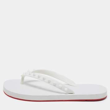 مملوكة مسبقًا Christian Louboutin White Donna Spiked Rubber Loubi Thong Flats Size 36