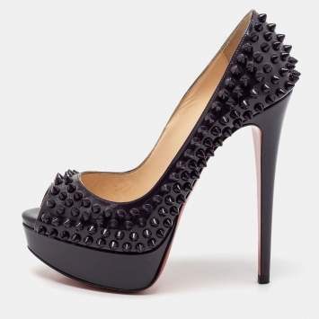 Pre Owned Christian Louboutin Dark Purple Patent Leather Lady Peep-Toe Spiked Platform Pumps Size 36