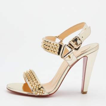 Pre Owned Christian Louboutin Metallic Gold Patent Leather Bikool Spiked Ankle Strap Sandals Size 38